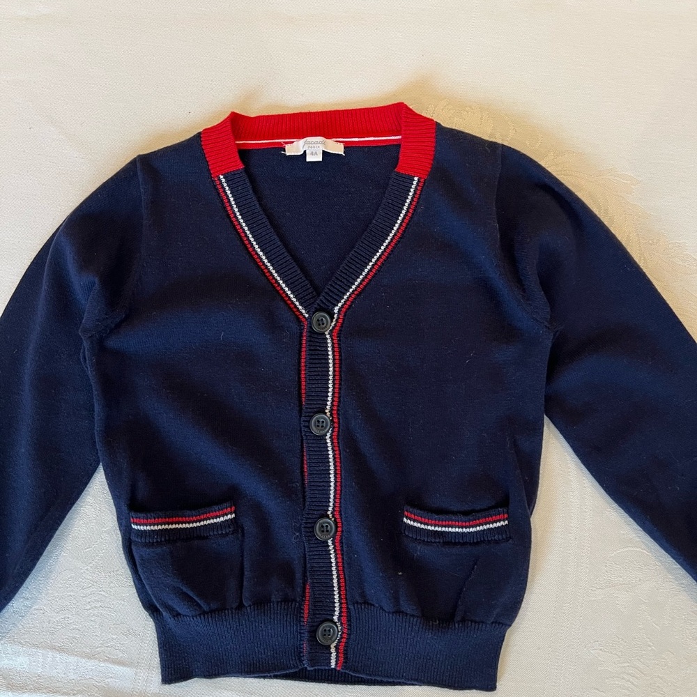 Jacadi Classic Navy Knit Cardigan with Red Trim - Kids Jacket